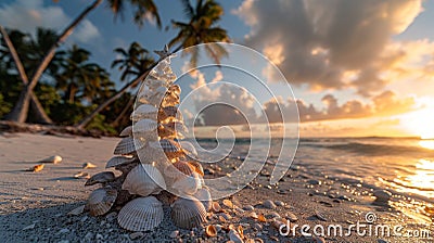 Seashell Christmas Tree at Tropical Beach Sunset Stock Photo