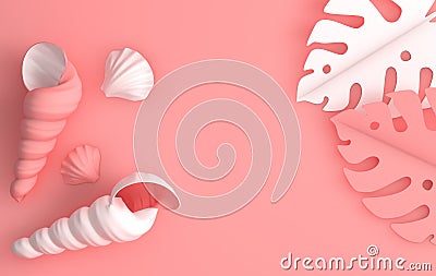 Seashell and paper tropical palm leaves on pink background. 3d render illustration. Ocean fauna underwater nautilus shell. Summer Cartoon Illustration