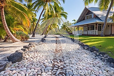 a seashell pathway leading to a beachfront tropical cottage Stock Photo