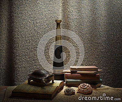 Seashell`s in interior scene with turtle, books and telescope concept photo Stock Photo