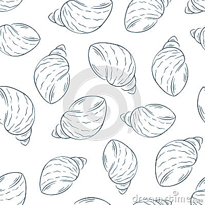 Seashell seamless pattern in line art style. Undersea shell repeat texture design. Hand drawn summer illustration Vector Illustration