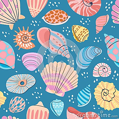 Seashell seamless pattern. Summer ocean print with clam shells, oysters, scallops and shellfish. Marine mollusk Vector Illustration