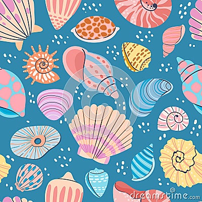 Seashell seamless pattern. Summer ocean print with clam shells, oysters, scallops and shellfish. Marine mollusk seashells vector Vector Illustration