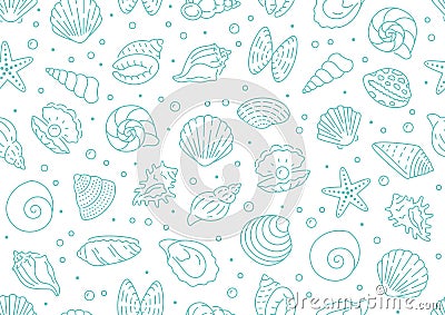 Seashell seamless pattern. Vector background included line icons as ocean sea shells, scallop, starfish, clam, oyster Vector Illustration