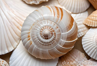 A seashell with a spiral pattern, showing the intricate details of the shell's surface Stock Photo