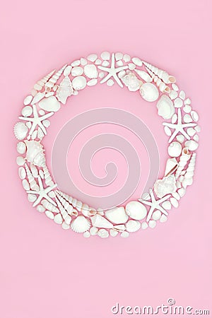 Seashell Wreath with White Shells on Pink Stock Photo