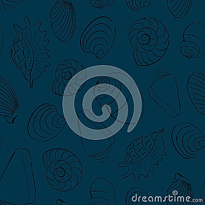 Seashells blue seamless background Vector Illustration