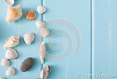 Seashells on blue wood, sea vacation background Stock Photo