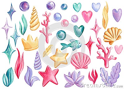 Seashells, bubbles, starfish on an isolated white background. Watercolor drawing Cartoon Illustration