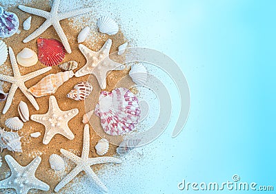 Seashells, clams, starfish on the sand on a gradient blue background. Top view, copy space Stock Photo