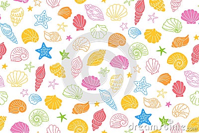 Seashells doodle multicolor wrapper ocean marine shell seamless pattern scrapbook paper vector Vector Illustration