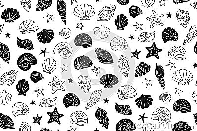 Seashells doodle stamp wrapper ocean marine shell seamless pattern scrapbook paper endless vector Vector Illustration