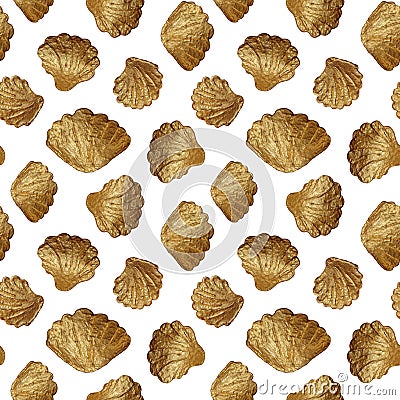 Seashells gold seamless pattern. Hand painting golden shells background. Stock Photo