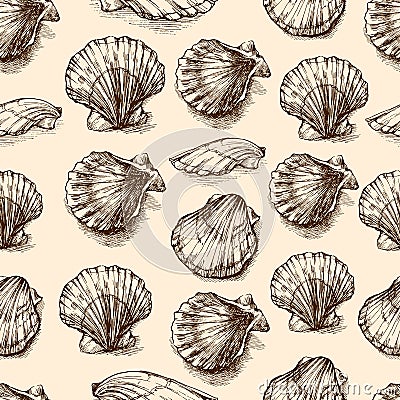 Seashells hand drawn vector graphic etching sketch, seamless pattern, underwater artistic marine ornament, design for card Vector Illustration