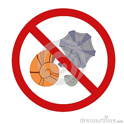 Seashells in the prohibition sign. Vector forbidden sign with shellfish for stickers. Allergy danger Vector Illustration