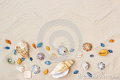 Seashells on sand. Sea summer vacation background with space for the text Stock Photo