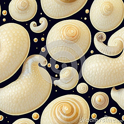 Seashells, shells, seamless pattern with off white shells on black. AI generative illustration, pattern generated by AI Cartoon Illustration