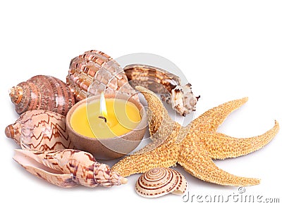 Seashells, starfish and candle Stock Photo