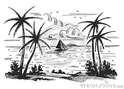 Seashore beach with palm trees Vector Illustration