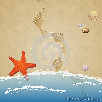 Seashore with footprints in the sand Cartoon Illustration