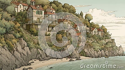 Seashore Hillside In France: Detailed Architectural Drawings And Children's Book Illustrations Cartoon Illustration