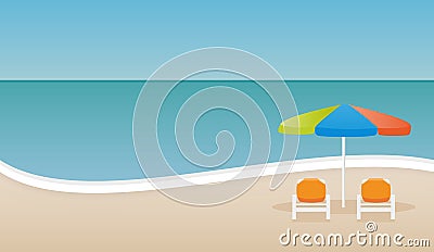 Seashore with parasol and hammock. Beach landscape. Vector illustration, flat design Vector Illustration