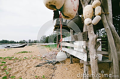 seashore scenery at Terengganu, Malaysia. Dirty white fish net b Stock Photo