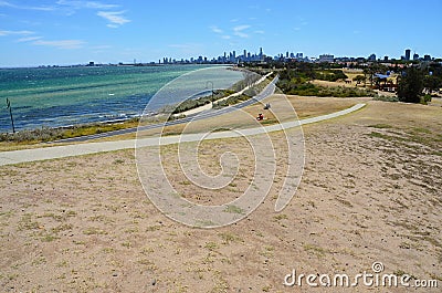 Beach directly by the sea overlooking the city near Melbourne in Australia, Victoria Editorial Stock Photo