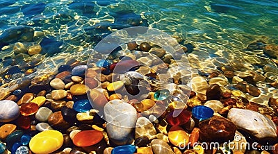 Seaside Colorful Transparent Stones-Pebbles Blue Sea Water at Golden Beach Stock Photo