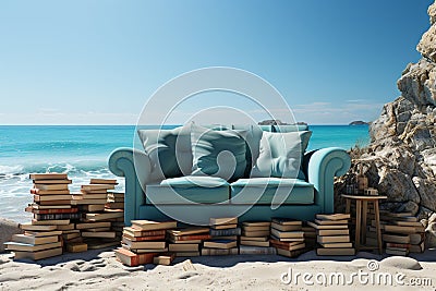 Seaside escape, books stacked, leisurely reading with vast sea backdrop Stock Photo
