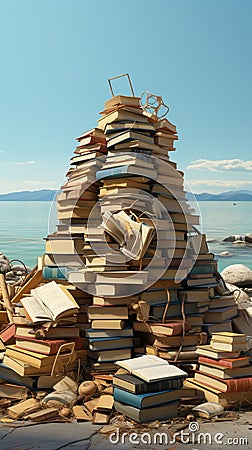 Seaside escape, books stacked, leisurely reading with vast sea backdrop Stock Photo