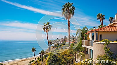 Seaside homes perch on a bluff with panoramic views of the California coastline and tall palms Stock Photo