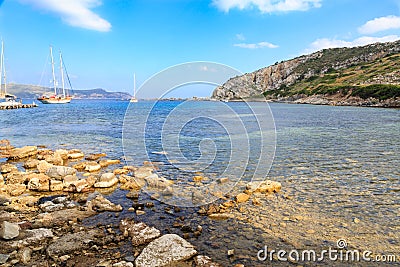 Seaside in knidos with boats and mountain in Datca Stock Photo