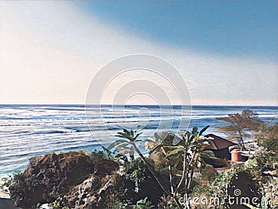 Seaside landscape with long surf waves and palm tree hill. Stock Photo