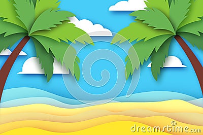 Seaside landscape in paper cut style. Nobody under the green palm trees on Seashore. Time to travel. Tropical beach Vector Illustration