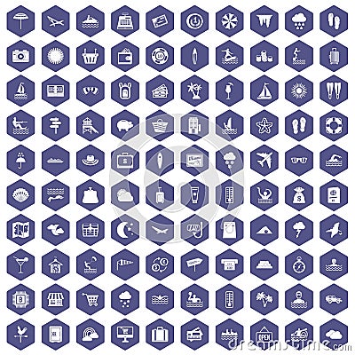 100 seaside resort icons hexagon purple Vector Illustration