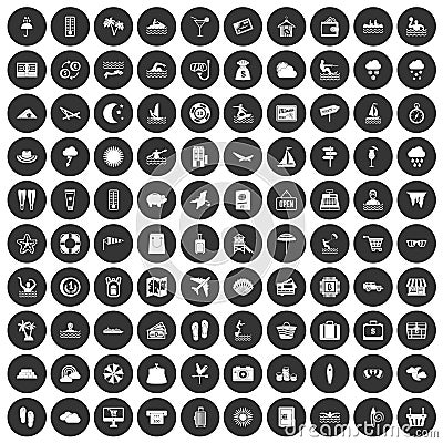 100 seaside resort icons set black circle Vector Illustration