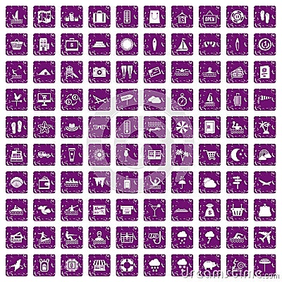 100 seaside resort icons set grunge purple Vector Illustration