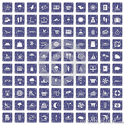 100 seaside resort icons set grunge sapphire Vector Illustration