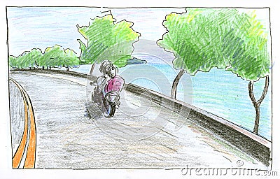 Seaside road with trees and bike. Handdrawn illustration seaview. Summer travel road landscape pencil sketch. Cartoon Illustration