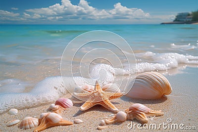 Seaside serenity Crystal clear water, seashells, and starfish on beach Stock Photo