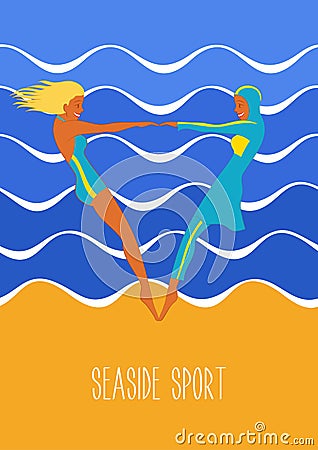 Seaside sport illustration in art deco style. Swimwear and burkini. Illustration of european and Muslim fashion Vector Illustration