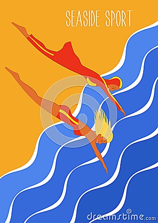 Seaside sport illustration in art deco style. Swimwear and burkini. Illustration of european and Muslim swimsuits Vector Illustration