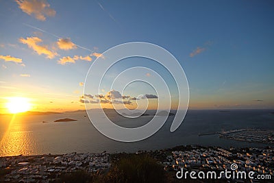 Seaside town of Turgutreis and spectacular sunsets. aerial view of islands and sea Stock Photo