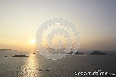 Seaside town of Turgutreis and spectacular sunsets. aerial view of islands and sea Stock Photo