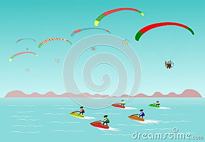 Seaside vacation in the sky gliders. There is a jet ski in the sea Vector Illustration