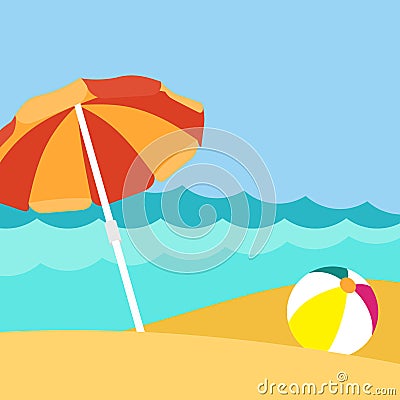 Seaside view on beautiful beach with parasol Vector Illustration