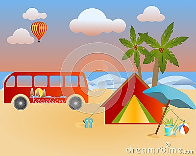 Seaside view on beautiful sunny beach with a tent, palm tree, beach ball, bucket, shovel, hot air baloon and a minivan Vector Illustration