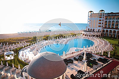 Seaside view, pool and terraces of Riu Helios Hotel in Obzor beach resort, Bulgaria, on a sunny summer morning Editorial Stock Photo