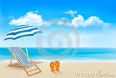 Seaside view with an umbrella, beach chair Vector Illustration